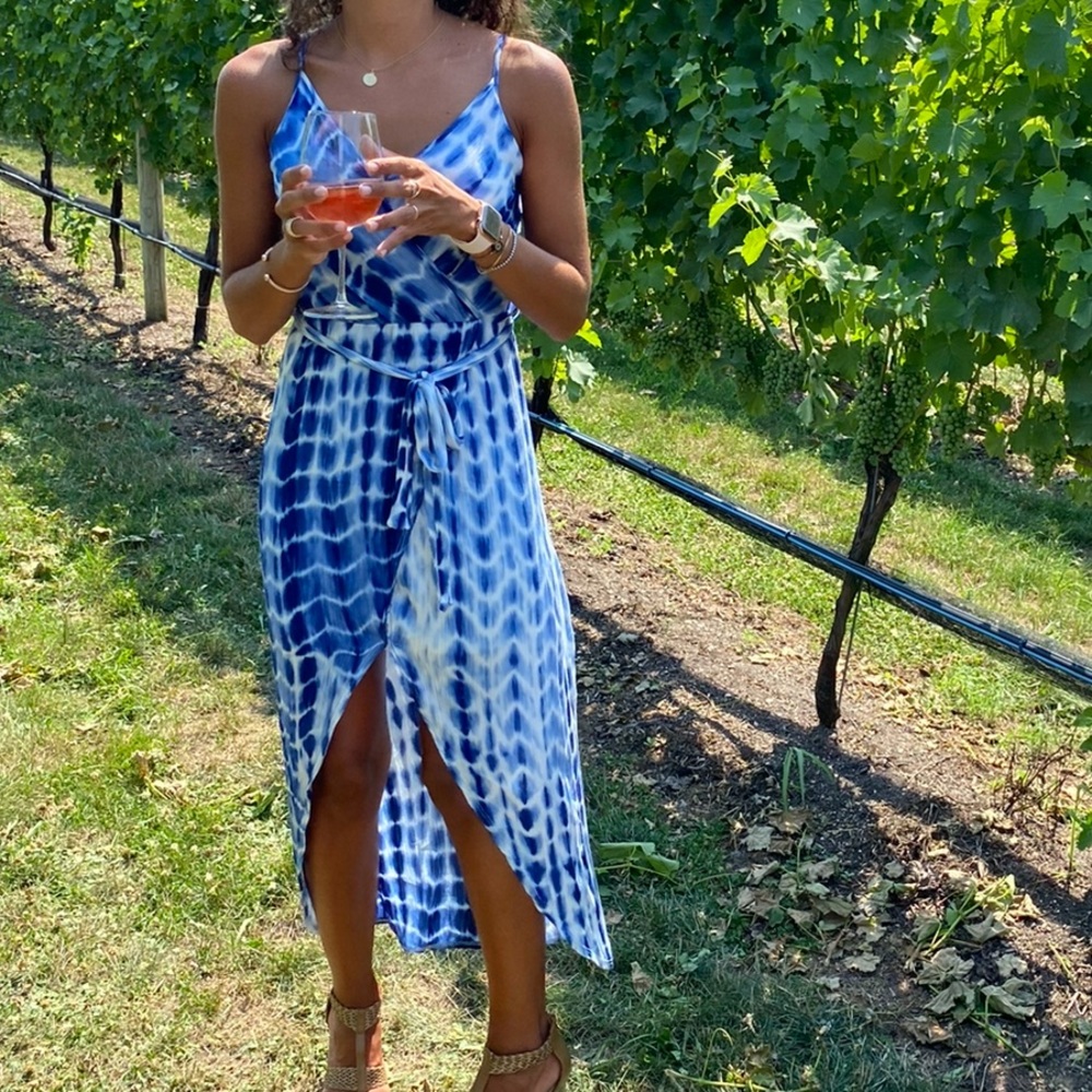 Blue tie dye wrap dress